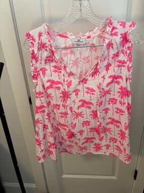 Vineyard Vines Hot Pink Palm-Print Ruffle Tank